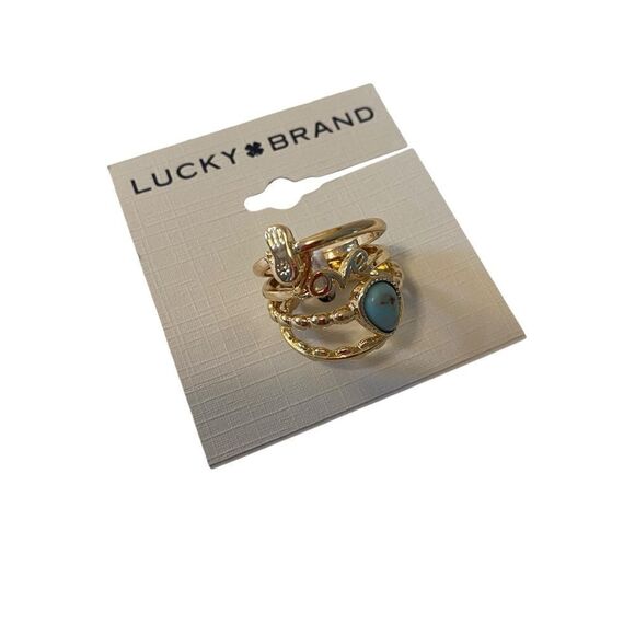 Turquoise Love Ring Stack in Bright Gold Tone.  Four Rings in Total. - Picture 3 of 5